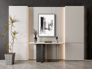 Wall Mural - 3d rendering sideboard wall panel with flooring interior decoration 