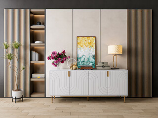 Wall Mural - 3d rendering sideboard wall panel with flooring interior decoration 