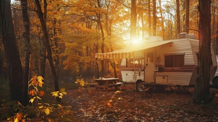 Poster - A small white camper is parked in a forest. The sun is shining on the camper, making it look warm and inviting. The surrounding trees are covered in leaves, creating a peaceful and serene atmosphere