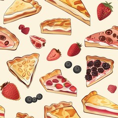 Poster - A pattern of various types of pies and fruit, including strawberries, blueberries, and raspberries