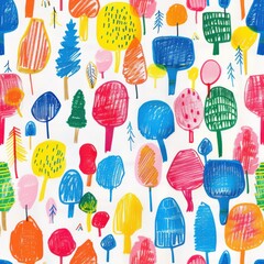 Leinwandbilder - A whimsical pattern of various hand-drawn trees in a variety of bright colors, including yellow, red, blue, green, and pink. The trees are drawn in a simple, childlike style and are set against a whit