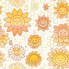 Poster - A yellow and white flower pattern with smiling suns and bees