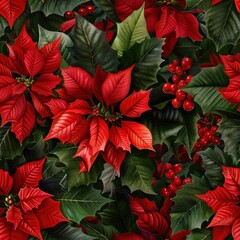 Aufkleber - A close up of red poinsettias with green leaves and red berries. Concept of warmth and holiday cheer