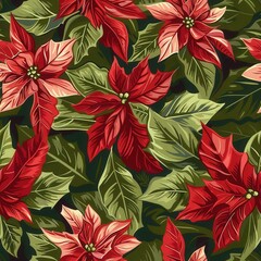 Poster - A colorful flower pattern with red and green leaves. The flowers are red and green and are arranged in a way that creates a sense of depth and dimension. Scene is cheerful and festive