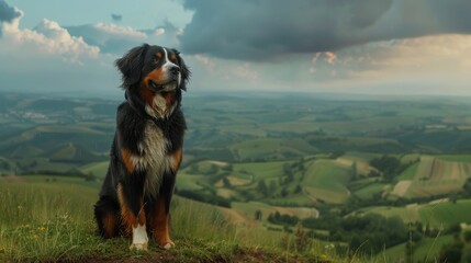 Aufkleber - A dog is sitting on a hillside in a field. The sky is cloudy and the dog is looking out over the landscape