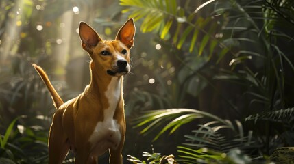 Poster - A brown and white dog is standing in a jungle. The dog is looking at the camera. The jungle is full of green plants and trees