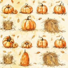 Poster - A drawing of pumpkins and hay. The pumpkins are of various sizes and are scattered throughout the image. The hay is piled up in the background, creating a rustic and autumnal atmosphere