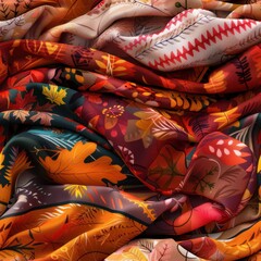 Poster - A pile of colorful fabric with leaves and flowers on it. The colors are bright and the design is playful