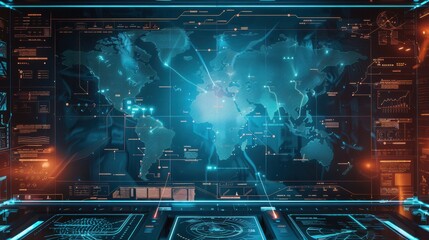 Aufkleber - A computer monitor displays a blue and orange world map with many lines and dots. The map is surrounded by a border and has a futuristic feel to it