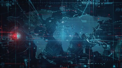 Aufkleber - A computer screen shows a map of the world with a red dot in the middle. The map is filled with lines and dots, giving it a futuristic and technological feel