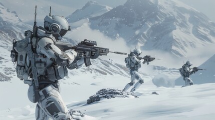 Poster - Three soldiers in white uniforms are in the snow, with one of them holding a rifle. The soldiers are in a war-like setting, with the mountains in the background. Scene is tense and serious