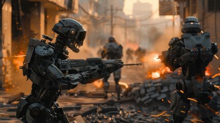 Poster - A robot is holding a gun and is surrounded by other robots. The scene is set in a war zone with lots of fire and destruction