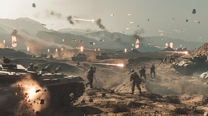 Poster - A video game scene of a battle with tanks and soldiers. Scene is intense and chaotic