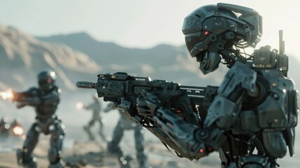 Poster - A robot is holding a gun and standing in front of a group of other robots. The scene is set in a desert, with the robots appearing to be in a battle. Scene is tense and action-packed