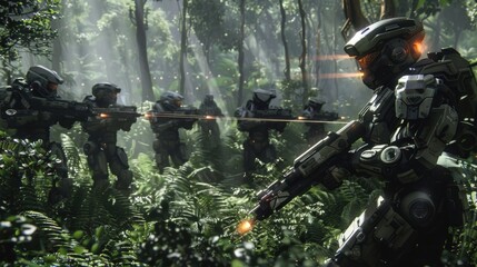 A group of soldiers in a jungle setting, one of whom is holding a gun. Scene is tense and action-packed