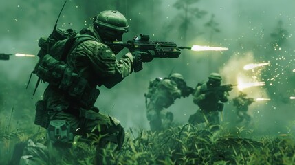 Poster - A group of soldiers are in a green field, with one of them holding a rifle and another one with a backpack