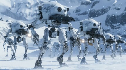 Aufkleber - A group of robots are standing in the snow. They are all white and have weapons. Scene is tense and serious