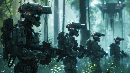 Poster - A group of robots are standing in a forest, with one of them holding a gun. The scene is dark and eerie, with the robots looking menacing and ready for battle