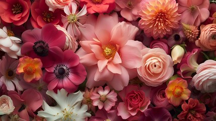 Wall Mural - Close up of a vibrant floral arrangement, featuring a variety of flowers in shades of pink, red, and orange.