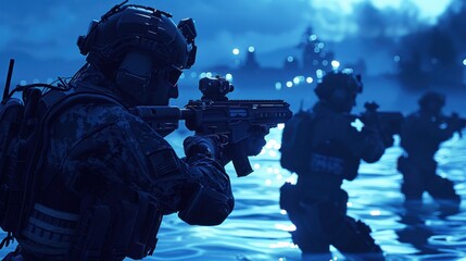 Wall Mural - A man in a military uniform is holding a rifle and standing in the water. The scene is set in the dark, with the water reflecting the light from the sky. Scene is tense and serious