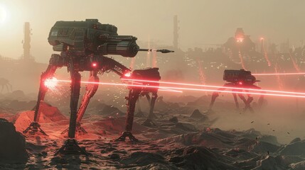 Poster - A group of robots are in a battle, with one of them having a red laser. The scene is set in a desert, with a foggy atmosphere