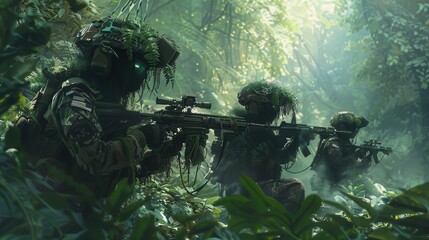 Poster - Three soldiers are in a jungle, with one of them holding a rifle. The soldiers are wearing camouflage and appear to be on a mission. Scene is tense and serious