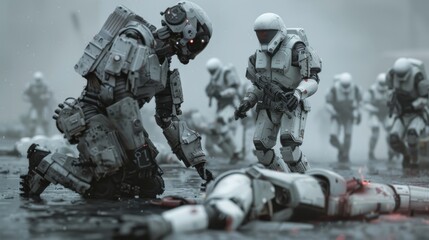 A group of robots are fighting in a war. One robot is kneeling down and helping another robot