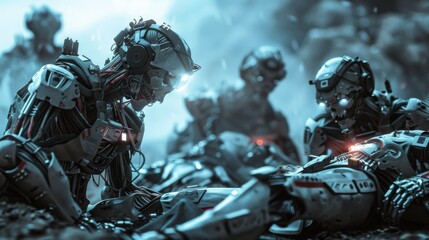 Poster - A group of robots are laying on the ground, one of which is looking at another robot. The scene is dark and eerie, with the robots appearing to be in a battle or a disaster. Scene is tense and ominous
