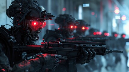 Poster - A group of soldiers are in a war zone, with their guns pointed at the camera. The soldiers are all wearing black and red gear, and their faces are illuminated with red lights