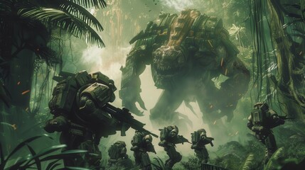 Wall Mural - A group of soldiers are fighting a giant monster in a jungle. The soldiers are equipped with guns and backpacks