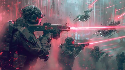 Poster - A group of soldiers are fighting in a war with red lasers. The soldiers are wearing black uniforms and are armed with guns. The scene is intense and chaotic