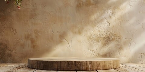 Wall Mural - Wooden Platform Against Beige Wall with Light