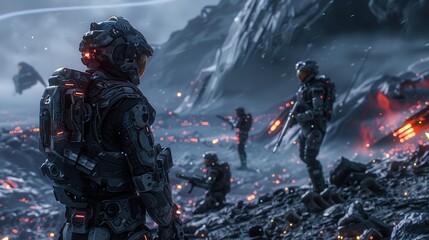 Poster - A group of soldiers in space are fighting a battle. The soldiers are wearing space suits and are equipped with guns. The scene is set in a desolate, rocky landscape with a volcano in the background