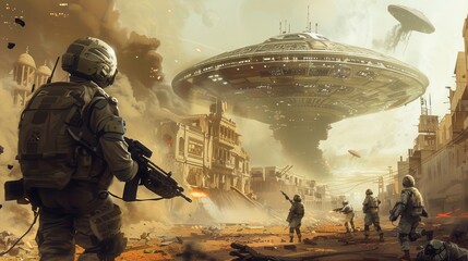 Poster - A group of soldiers are in a war zone, with a large alien spaceship in the background. The soldiers are carrying guns and appear to be in a dangerous situation. Scene is tense and chaotic