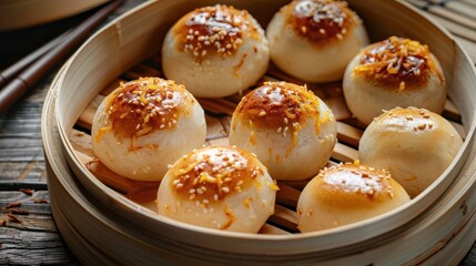 Aufkleber - A wooden tray with a variety of small pastries, including some with sesame seeds