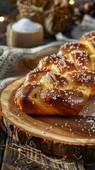 Aufkleber - A brown roll of dough with sugar sprinkled on top sits on a wooden cutting board