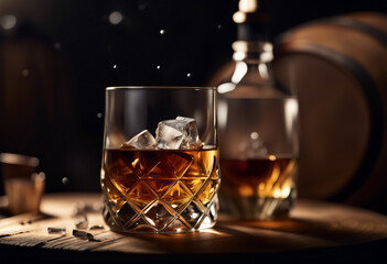 Wall Mural - whisky glass with ice flakes on a wooden barrel and an unbranded, unwritten whisky bottle. 