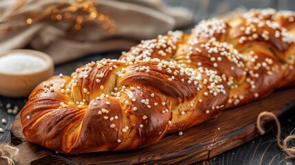 Aufkleber - A long, brown roll of dough with white sugar sprinkled on top. The dough is sitting on a wooden cutting board