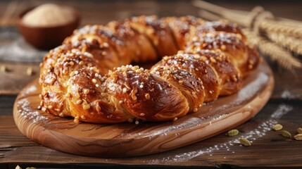 Poster - A large, golden brown pastry with a sprinkle of sugar on top. The pastry is sitting on a wooden cutting board