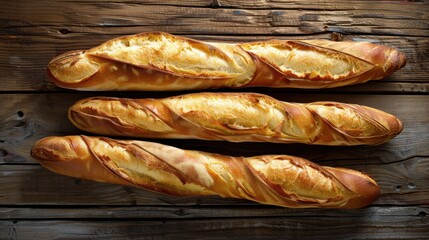 Poster - Three long, crusty bread loaves sit on a wooden table. The bread is golden brown and looks freshly baked. Concept of warmth and comfort, as the bread is a staple food in many cultures