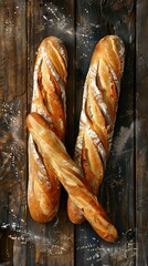 Poster - Two loaves of bread are sitting on a wooden table. The loaves are sliced and appear to be freshly baked. The table is covered in a layer of flour, giving the scene a rustic and homey feel