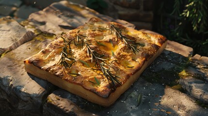 Poster - A square piece of bread with herbs on top. The herbs are rosemary and parsley. The bread is brown and has a crust