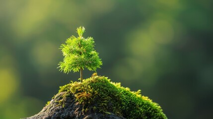 Tiny Pine Sapling Growing on a Mossy Rock