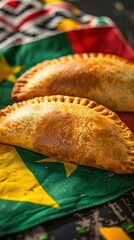 Aufkleber - Two pastries are on top of a green and yellow flag. The flag has a star and a cross