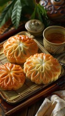 Aufkleber - Three small pastries with flowers on top sit on a wooden tray. A cup of tea is placed next to the tray. Concept of warmth and comfort, as the pastries and tea are often associated with relaxation