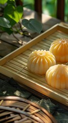 Aufkleber - Three small yellow pastries sit on a wooden tray. The tray is placed on a table with a green plant in the background. Concept of warmth and comfort