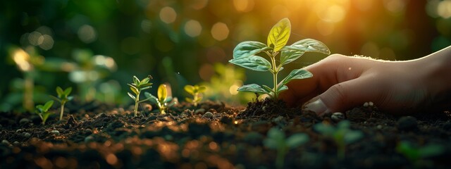 Wall Mural - A person planting a seedling in the soil at sunset, nurturing growth and environment