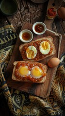 Wall Mural - Two pieces of toast with eggs and jam on a wooden board. Scene is casual and inviting