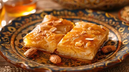 Aufkleber - A plate of food with almonds and a glass of liquid
