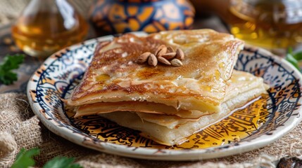 Aufkleber - A plate of food with a yellow sauce on top. The plate is decorated with a blue and white pattern